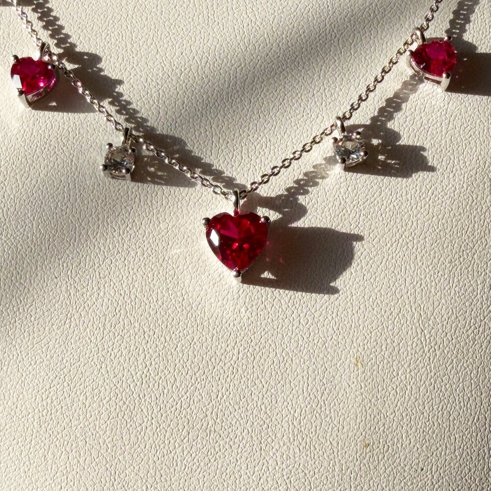 Beautiful Created Ruby & Created White Sapphire Heart Sterling Silver Necklace - Picture 11 of 15